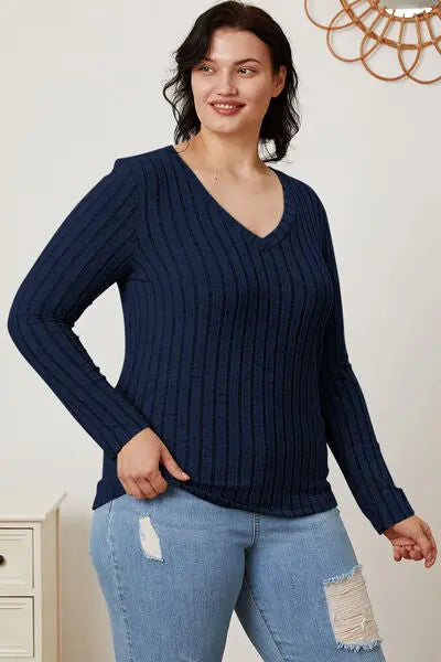 Basic Bae Full Size Ribbed V-Neck Long Sleeve T-Shirt - Scarlett's Riverside Boutique
