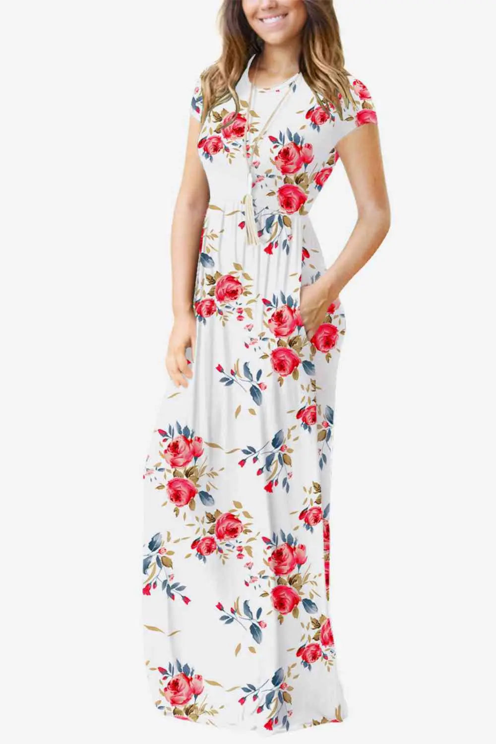 Full Size Printed Round Neck Short Sleeve Dress with Pockets - Scarlett's Riverside Boutique