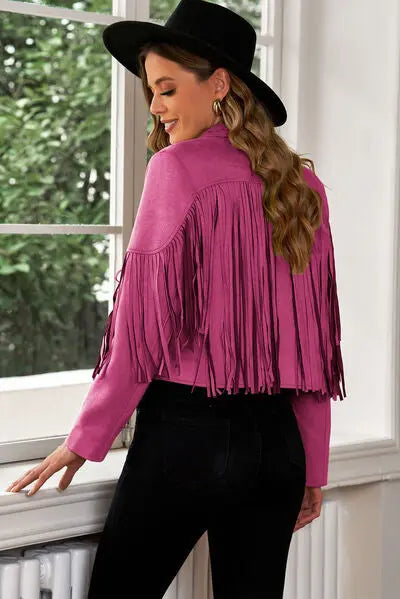 Fringe Trim Lapel Collar Cropped Blazer - Scarlett's Riverside Boutique