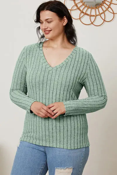 Basic Bae Full Size Ribbed V-Neck Long Sleeve T-Shirt - Scarlett's Riverside Boutique