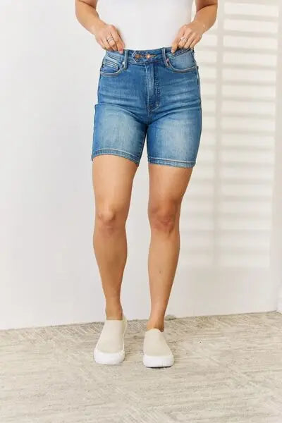 Judy Blue Full Size Tummy Control Double Button Bermuda Denim Shorts - Scarlett's Riverside Boutique
