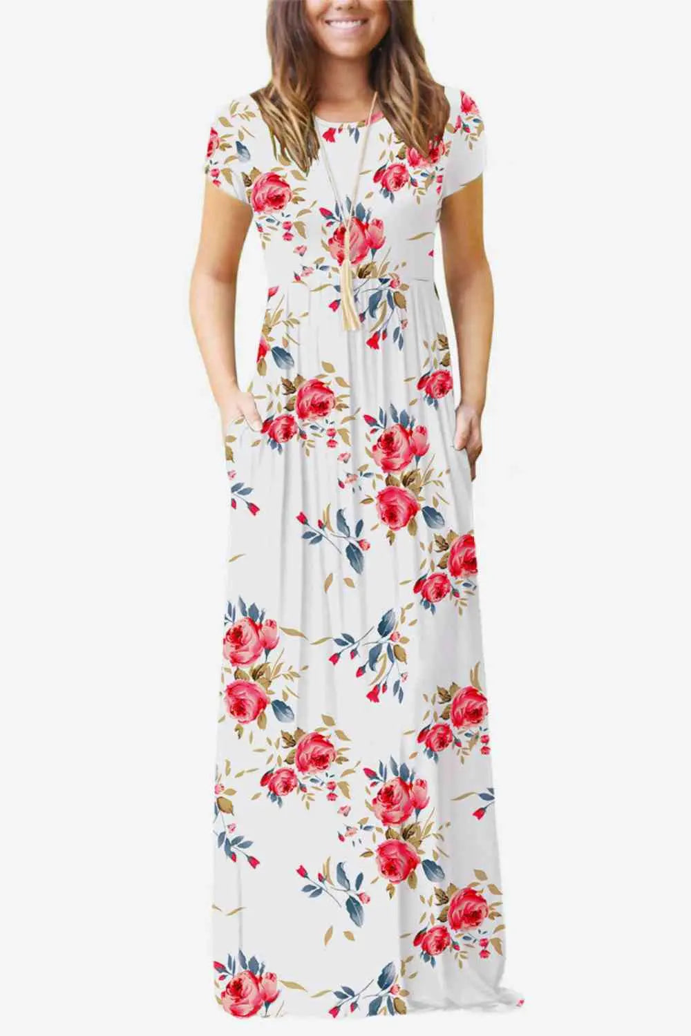 Full Size Printed Round Neck Short Sleeve Dress with Pockets - Scarlett's Riverside Boutique