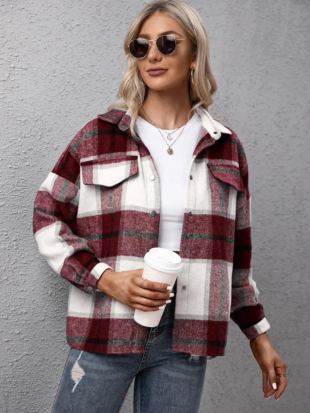 Plaid Long Sleeve Shirt Jacket - Scarlett's Riverside Boutique