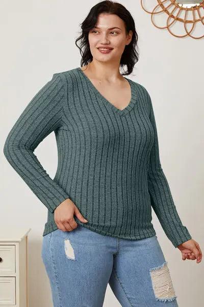Basic Bae Full Size Ribbed V-Neck Long Sleeve T-Shirt - Scarlett's Riverside Boutique