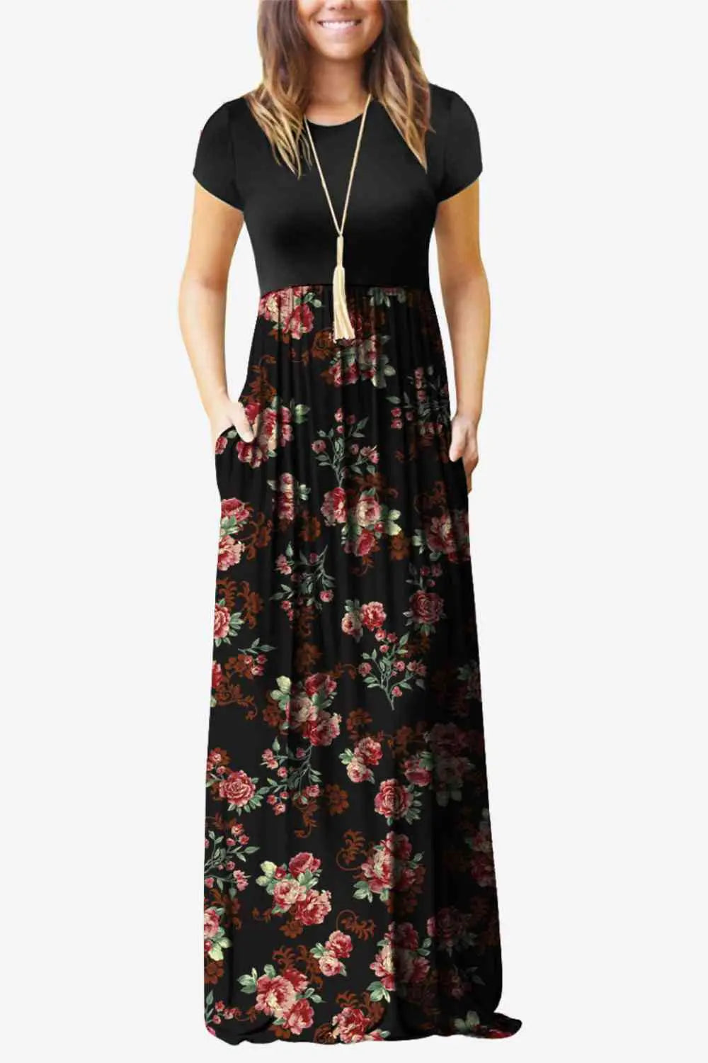 Full Size Printed Round Neck Short Sleeve Dress with Pockets - Scarlett's Riverside Boutique