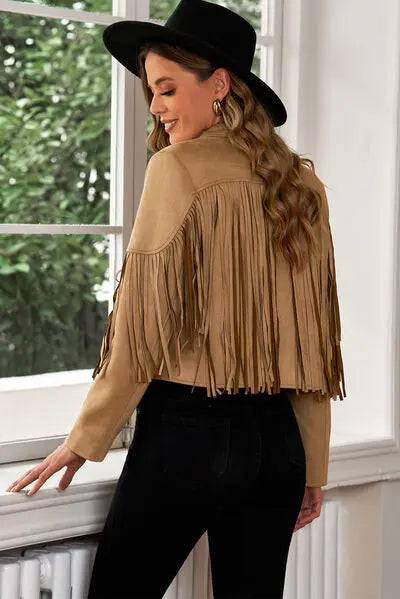Fringe Trim Lapel Collar Cropped Blazer - Scarlett's Riverside Boutique