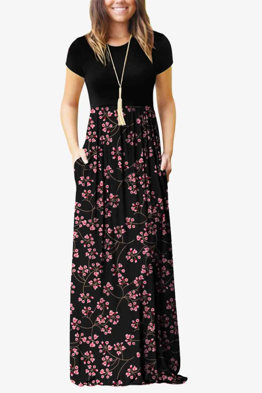 Full Size Printed Round Neck Short Sleeve Dress with Pockets - Scarlett's Riverside Boutique