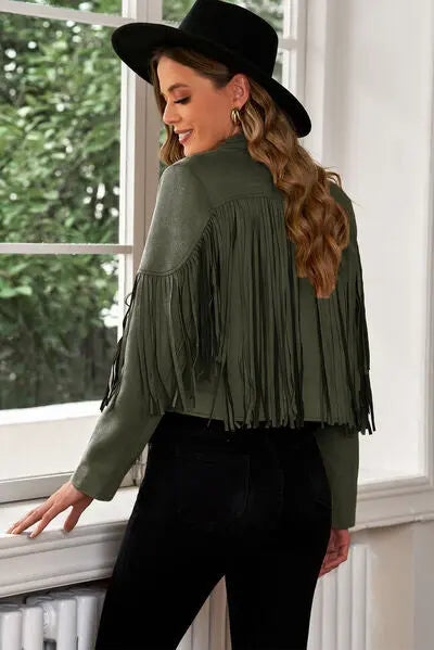 Fringe Trim Lapel Collar Cropped Blazer - Scarlett's Riverside Boutique