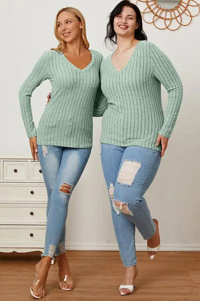 Basic Bae Full Size Ribbed V-Neck Long Sleeve T-Shirt - Scarlett's Riverside Boutique