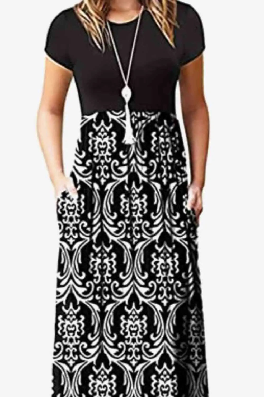 Full Size Printed Round Neck Short Sleeve Dress with Pockets - Scarlett's Riverside Boutique