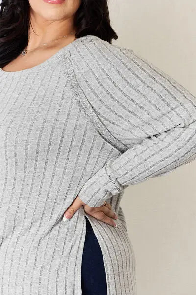 Basic Bae Full Size Ribbed Round Neck Slit T-Shirt - Scarlett's Riverside Boutique