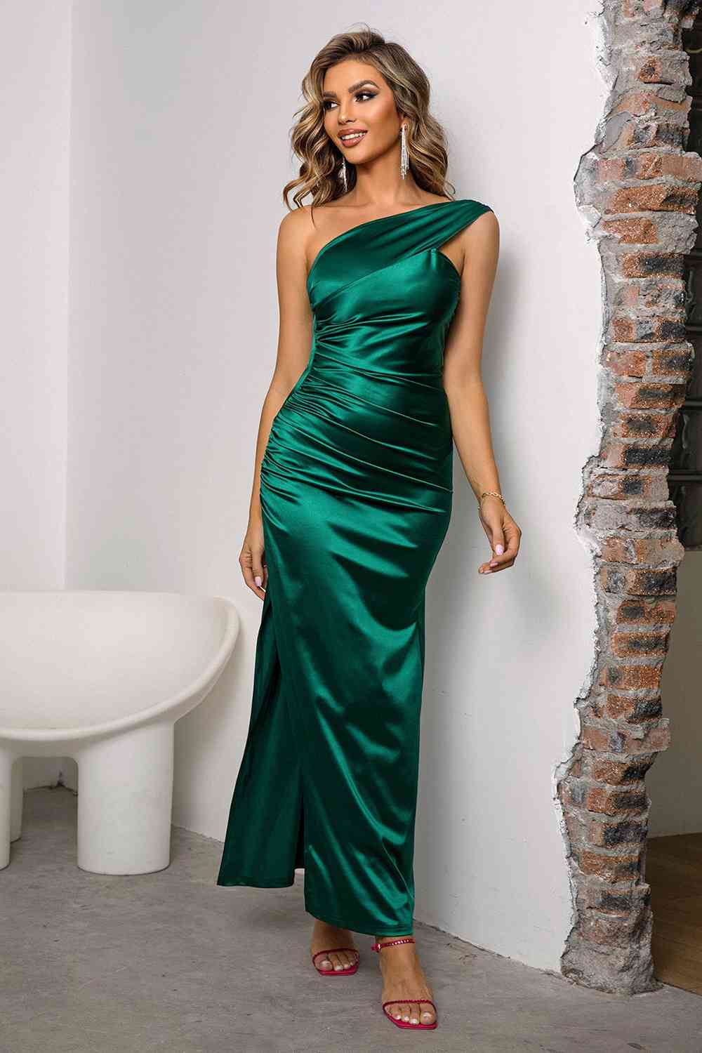 One-Shoulder Ruched Slit Maxi Dress - Scarlett's Riverside Boutique