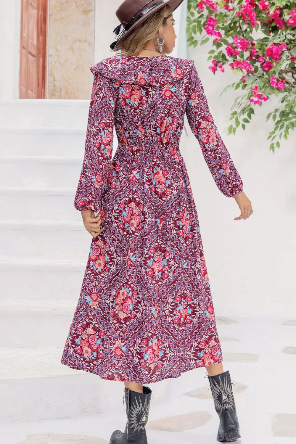 Printed Long Sleeve Slit Midi Dress - Scarlett's Riverside Boutique