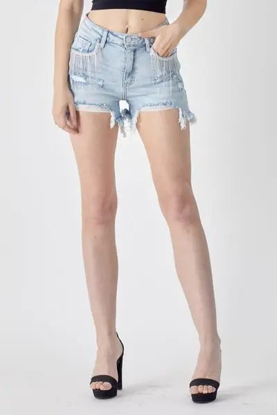 RISEN Frayed Hem Denim Shorts with Fringe Detail Pockets - Scarlett's Riverside Boutique