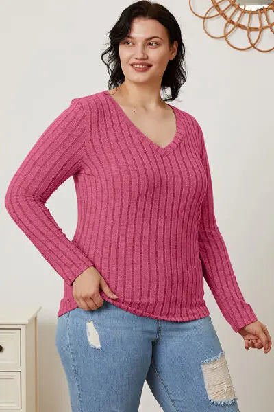 Basic Bae Full Size Ribbed V-Neck Long Sleeve T-Shirt - Scarlett's Riverside Boutique