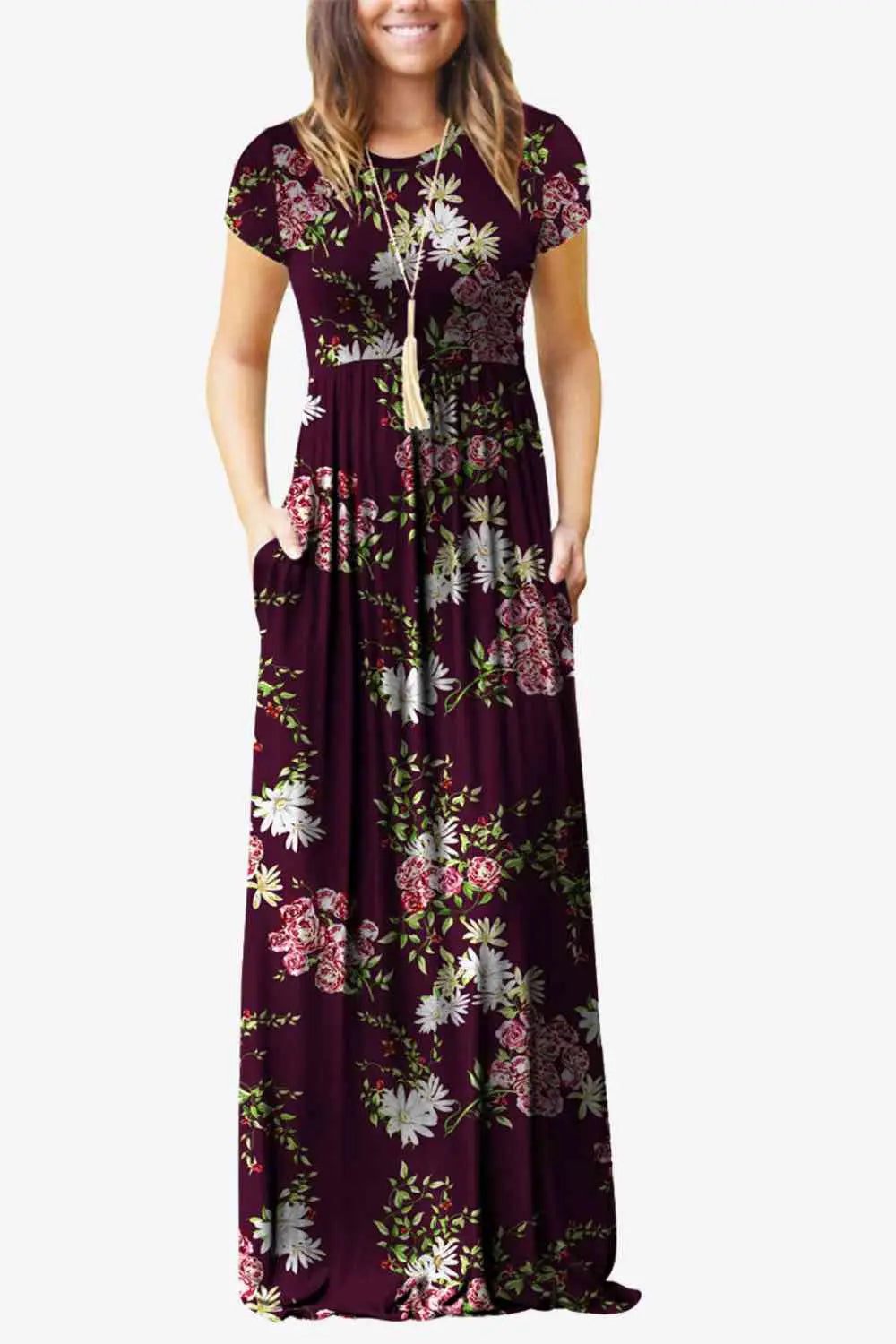 Full Size Printed Round Neck Short Sleeve Dress with Pockets - Scarlett's Riverside Boutique