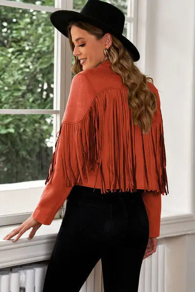 Fringe Trim Lapel Collar Cropped Blazer - Scarlett's Riverside Boutique
