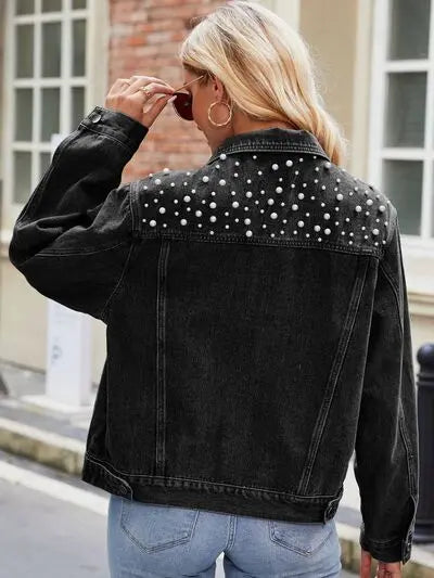 Pearl Detail Collared Neck Long Sleeve Denim Jacket - Scarlett's Riverside Boutique