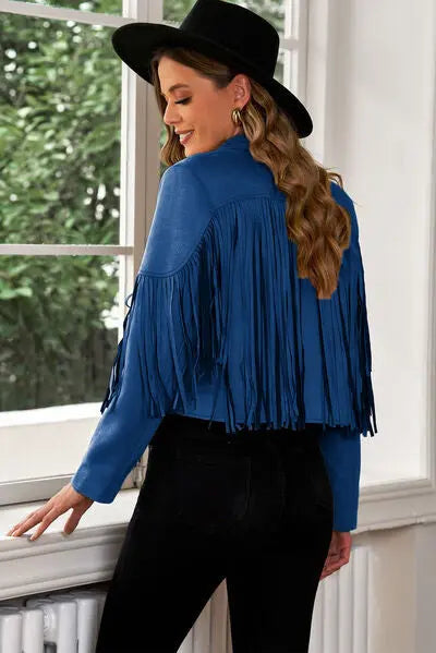 Fringe Trim Lapel Collar Cropped Blazer - Scarlett's Riverside Boutique