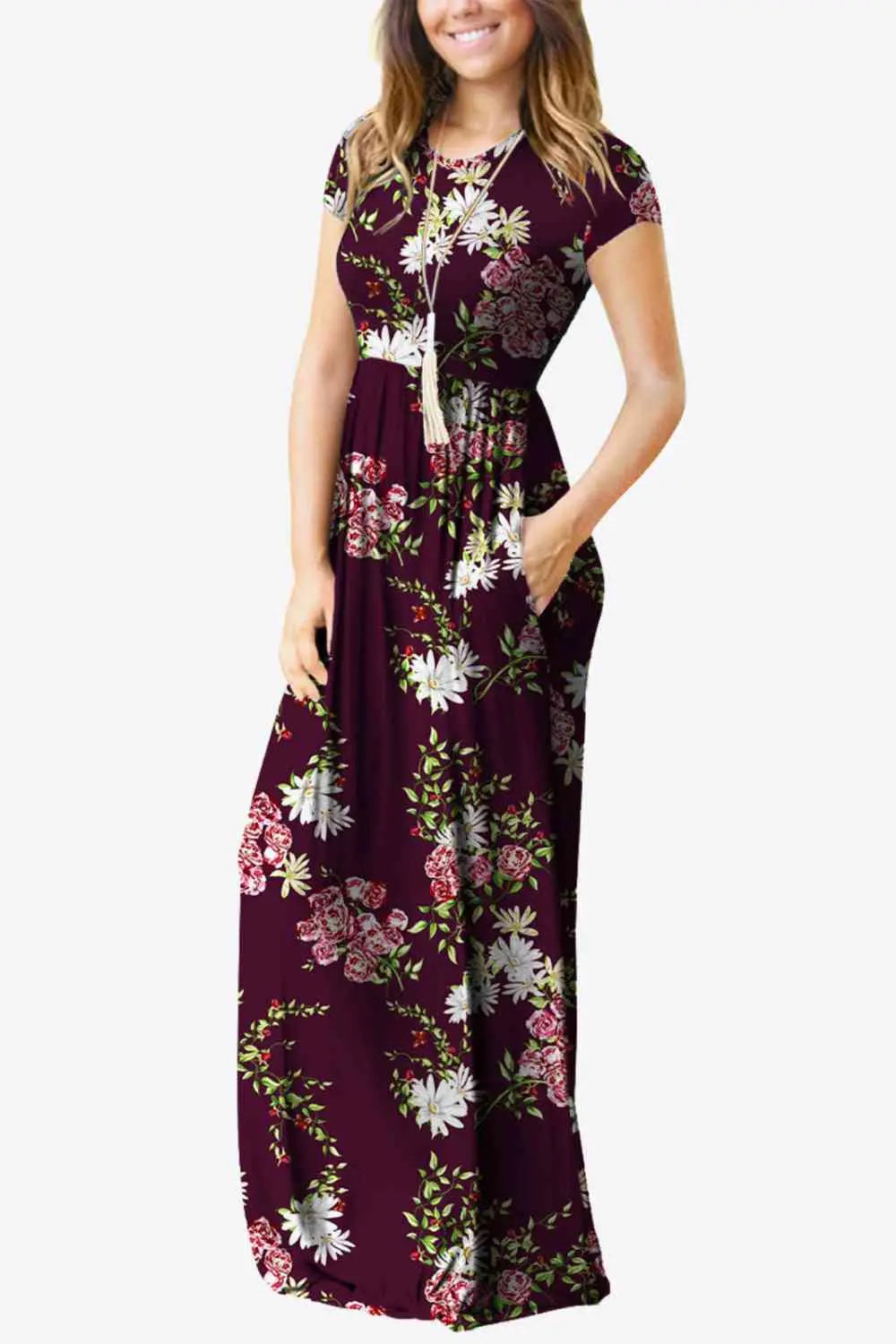 Full Size Printed Round Neck Short Sleeve Dress with Pockets - Scarlett's Riverside Boutique