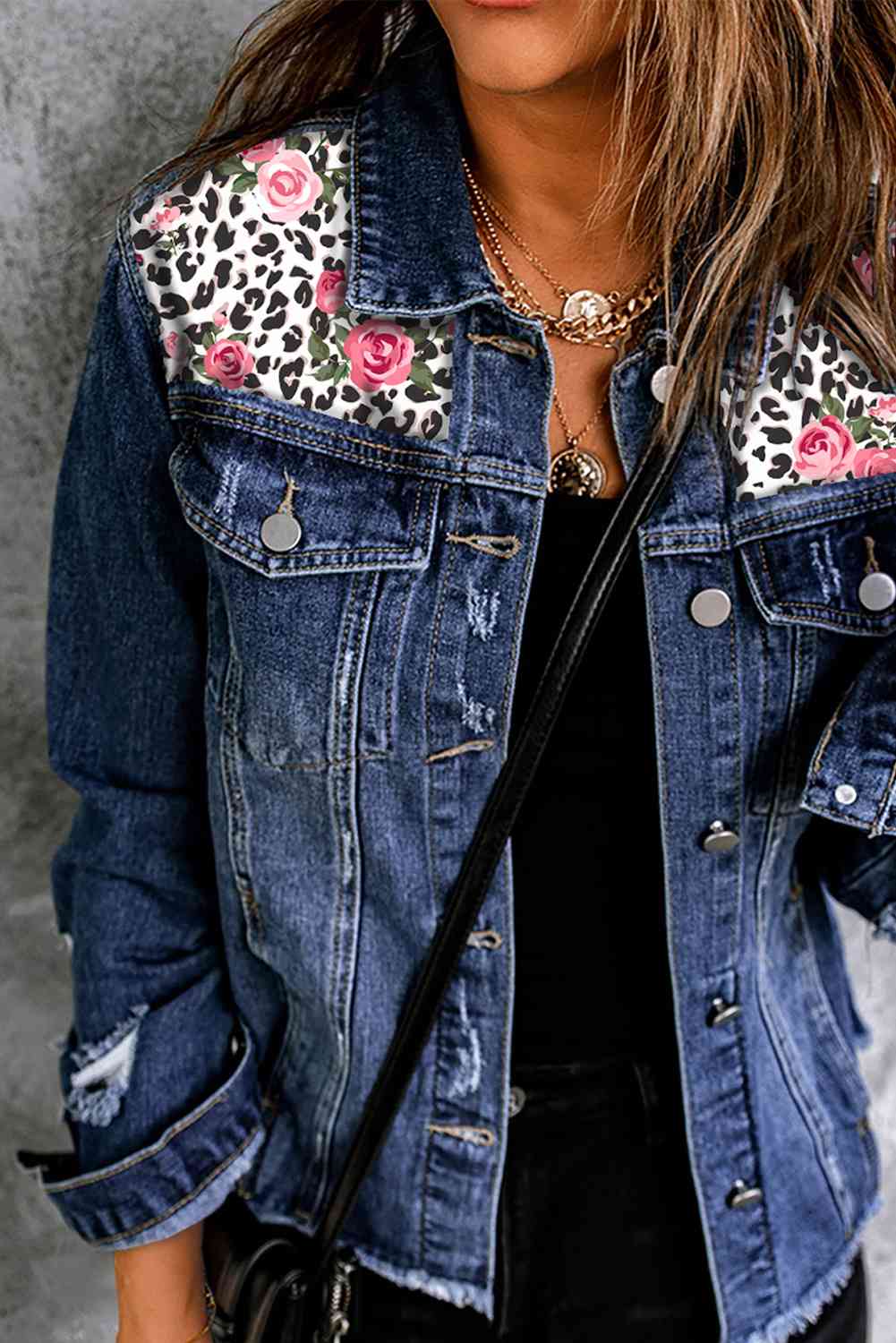 Mixed Print Distressed Button Front Denim Jacket - Scarlett's Riverside Boutique