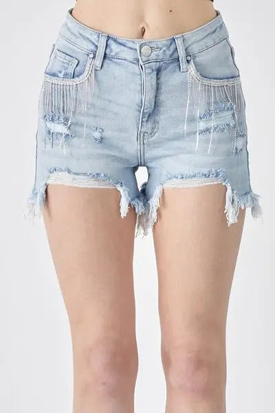 RISEN Frayed Hem Denim Shorts with Fringe Detail Pockets - Scarlett's Riverside Boutique