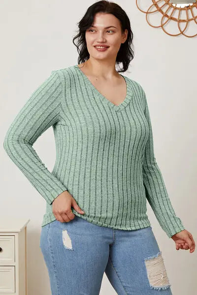 Basic Bae Full Size Ribbed V-Neck Long Sleeve T-Shirt - Scarlett's Riverside Boutique