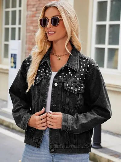 Pearl Detail Collared Neck Long Sleeve Denim Jacket - Scarlett's Riverside Boutique