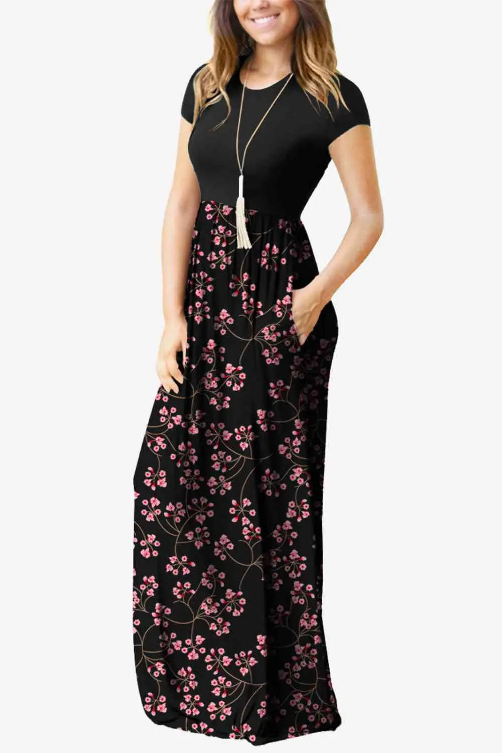 Full Size Printed Round Neck Short Sleeve Dress with Pockets - Scarlett's Riverside Boutique