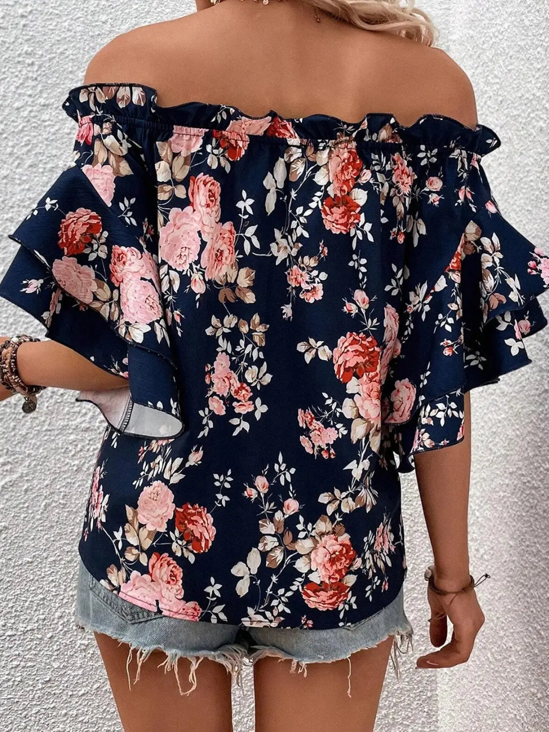 Printed Off-Shoulder Flounce Sleeve Blouse - Scarlett's Riverside Boutique