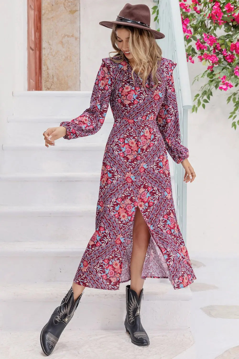Printed Long Sleeve Slit Midi Dress - Scarlett's Riverside Boutique