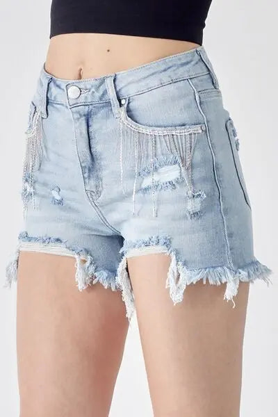 RISEN Frayed Hem Denim Shorts with Fringe Detail Pockets - Scarlett's Riverside Boutique