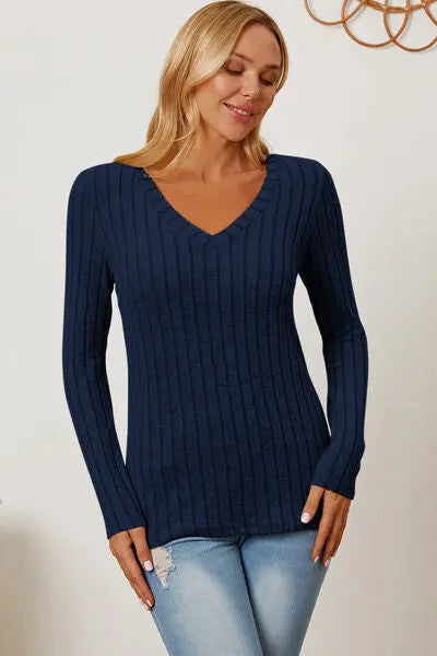 Basic Bae Full Size Ribbed V-Neck Long Sleeve T-Shirt - Scarlett's Riverside Boutique