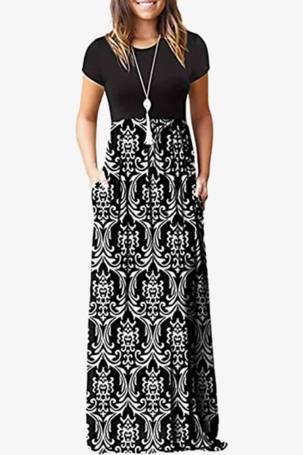 Full Size Printed Round Neck Short Sleeve Dress with Pockets - Scarlett's Riverside Boutique