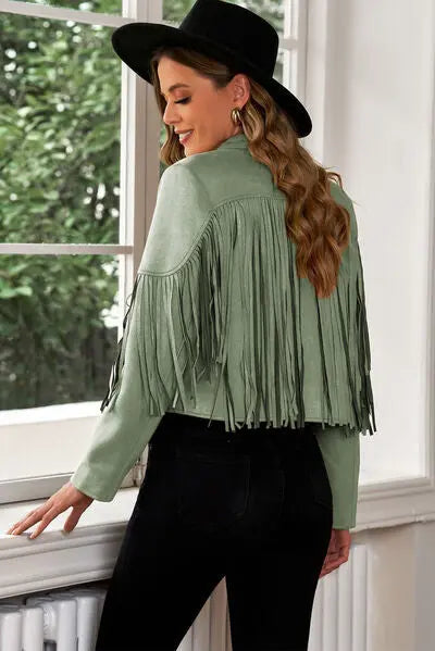 Fringe Trim Lapel Collar Cropped Blazer - Scarlett's Riverside Boutique