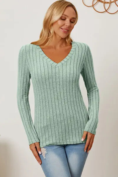 Basic Bae Full Size Ribbed V-Neck Long Sleeve T-Shirt - Scarlett's Riverside Boutique