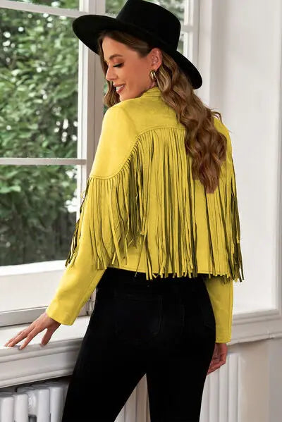 Fringe Trim Lapel Collar Cropped Blazer - Scarlett's Riverside Boutique
