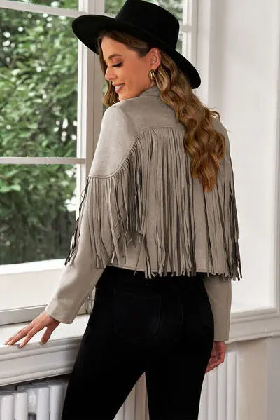 Fringe Trim Lapel Collar Cropped Blazer - Scarlett's Riverside Boutique