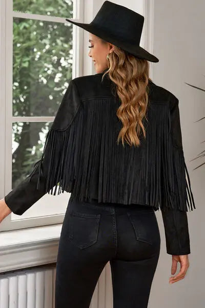 Fringe Trim Lapel Collar Cropped Blazer - Scarlett's Riverside Boutique