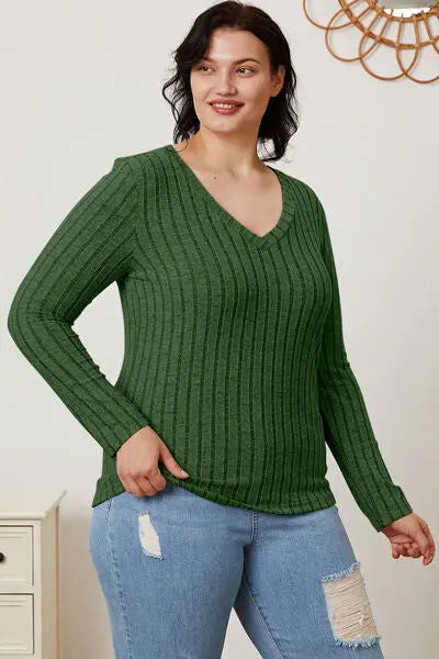 Basic Bae Full Size Ribbed V-Neck Long Sleeve T-Shirt - Scarlett's Riverside Boutique