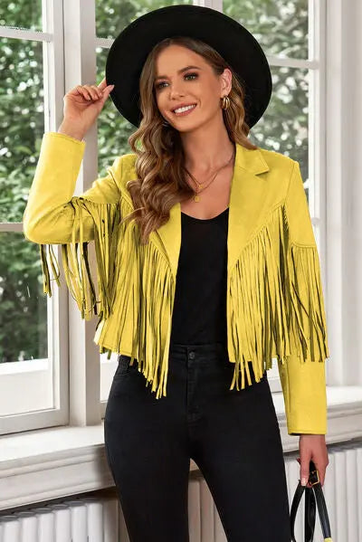 Fringe Trim Lapel Collar Cropped Blazer - Scarlett's Riverside Boutique