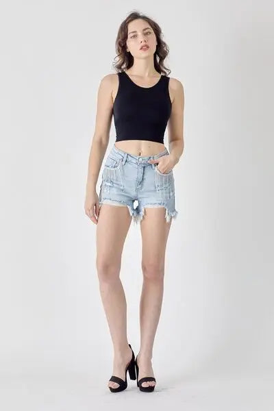 RISEN Frayed Hem Denim Shorts with Fringe Detail Pockets - Scarlett's Riverside Boutique