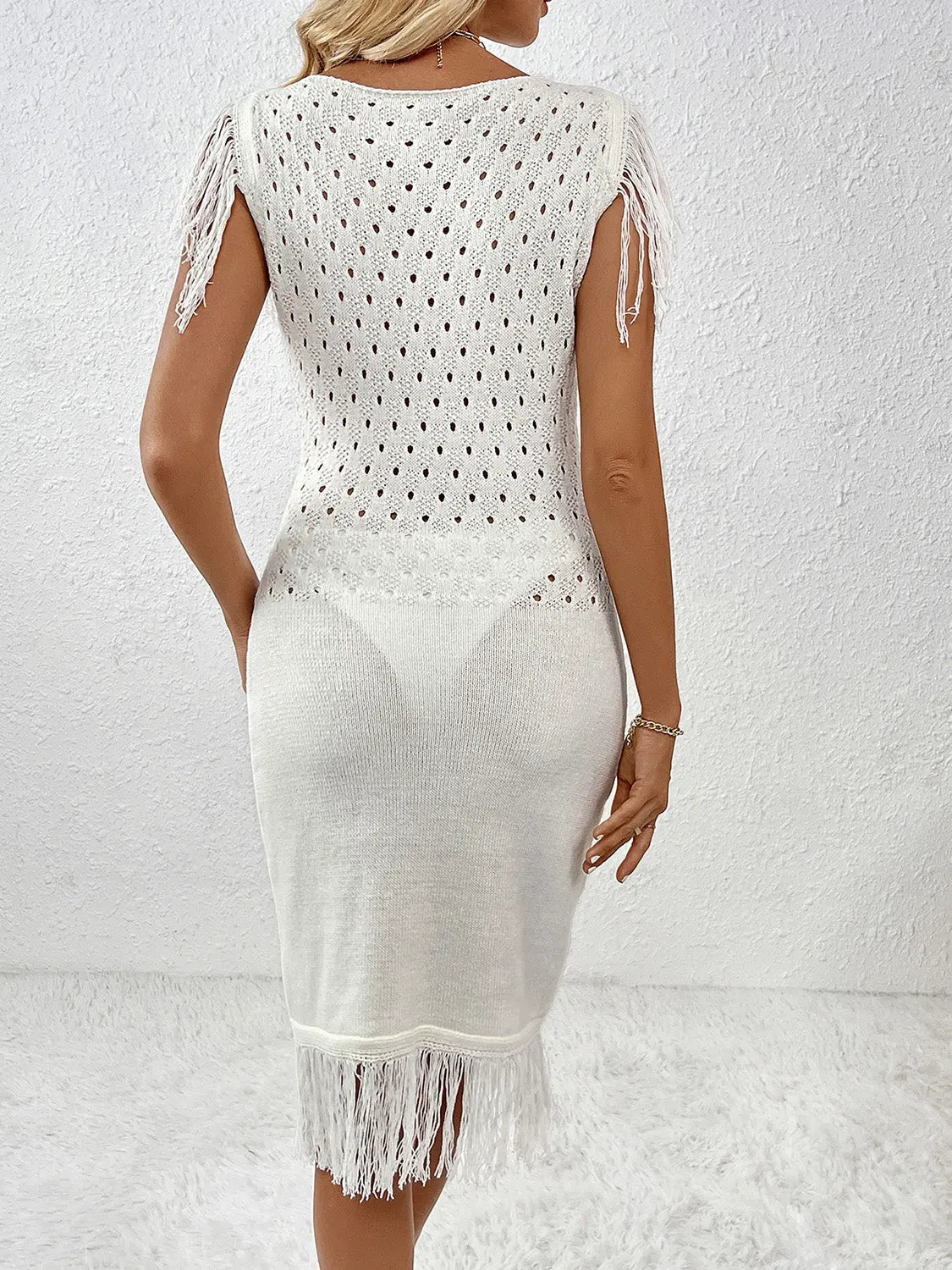 Fringe Openwork Boat Neck Knit Dress - Scarlett's Riverside Boutique