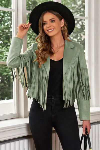 Fringe Trim Lapel Collar Cropped Blazer - Scarlett's Riverside Boutique