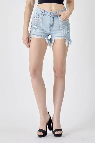 RISEN Frayed Hem Denim Shorts with Fringe Detail Pockets - Scarlett's Riverside Boutique