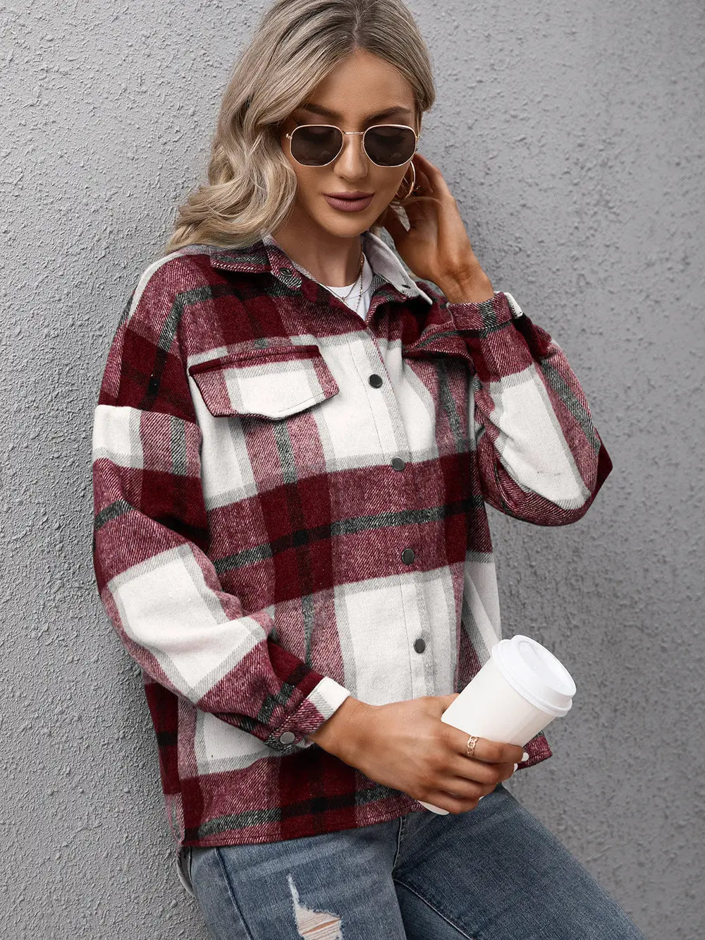 Plaid Long Sleeve Shirt Jacket - Scarlett's Riverside Boutique