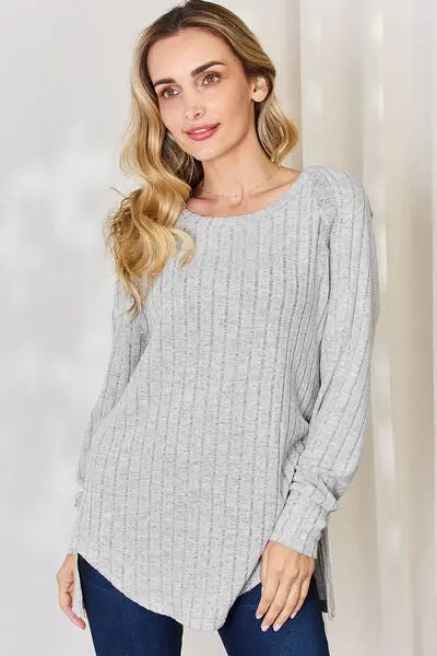 Basic Bae Full Size Ribbed Round Neck Slit T-Shirt - Scarlett's Riverside Boutique