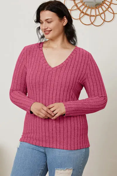 Basic Bae Full Size Ribbed V-Neck Long Sleeve T-Shirt - Scarlett's Riverside Boutique