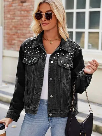 Pearl Detail Collared Neck Long Sleeve Denim Jacket - Scarlett's Riverside Boutique