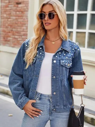 Pearl Detail Collared Neck Long Sleeve Denim Jacket - Scarlett's Riverside Boutique